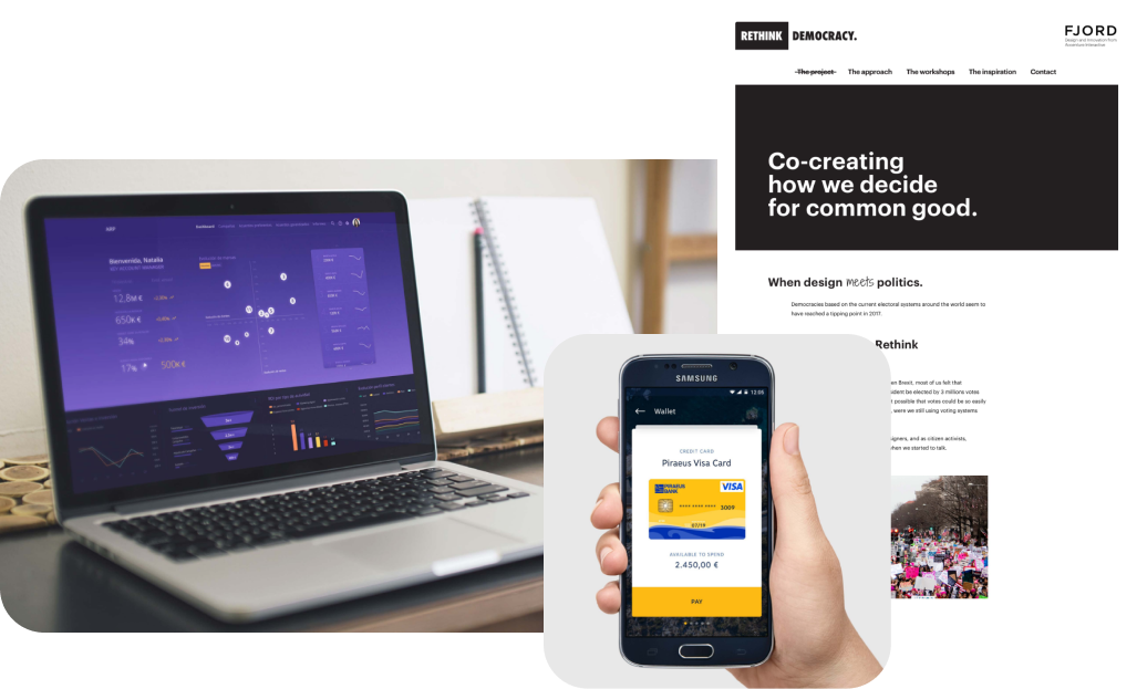 A floating collage of UI work from the Fjord and Accenture Song years: a dashboard, a banking app and a Fjord case study webpage