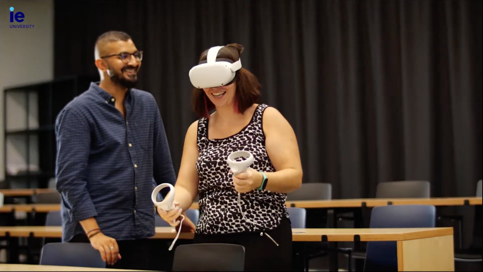 Celia trying a VR headset at IE University's TechLab