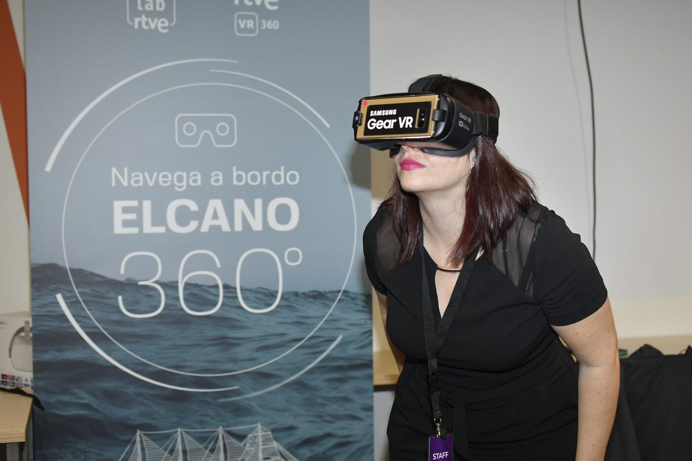 Celia trying a 360° VR sailing experience at RTVE Lab's Elcano 360 demo, 2019